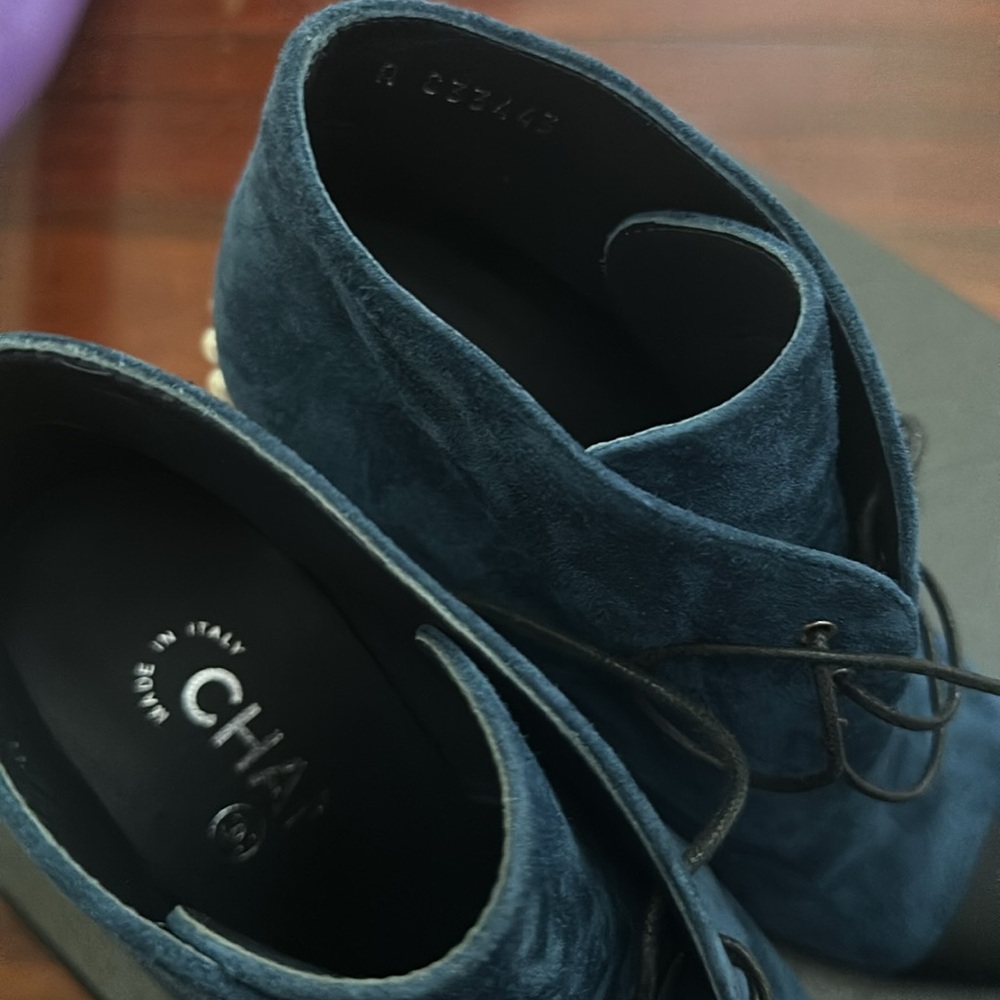 Chanel shoes women lace up navy pearls 38 suede leather heel blue black - Picture 7 of 10